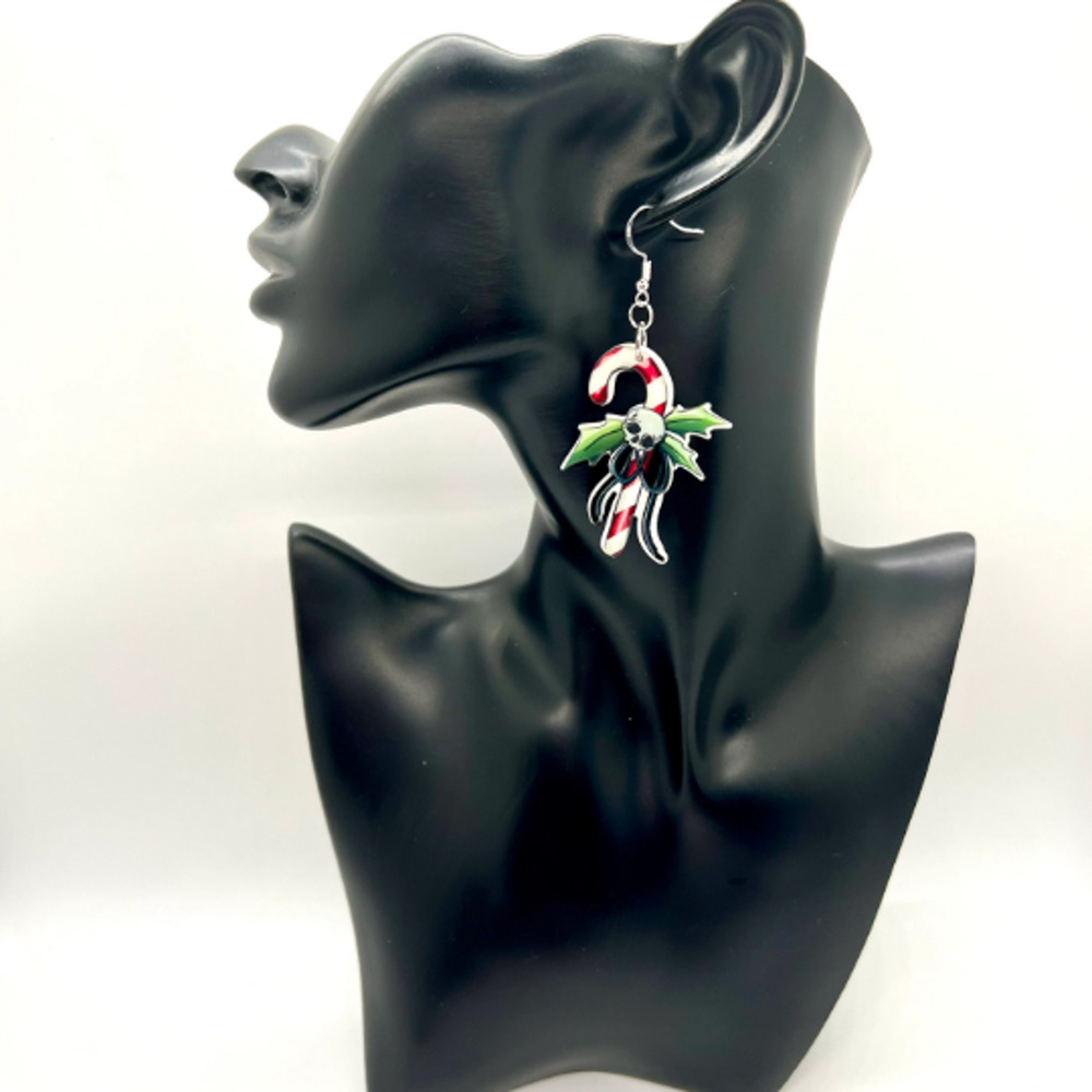 Skull Candy Cane Earrings - Christmas Earrings - Halloween Earrings - Goth Earri - Picture 6 of 7